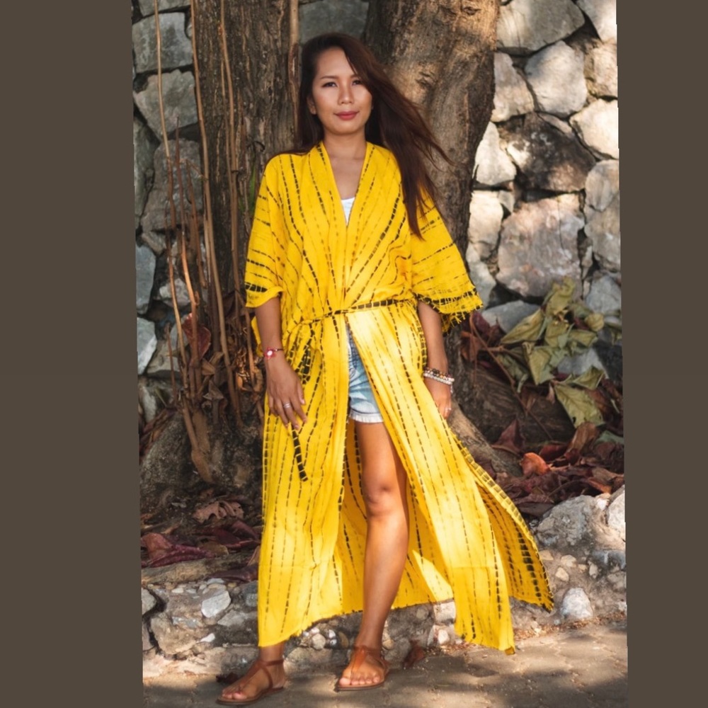 Long Kimono Robe Tie Dye Yellow (Fits Plus Size)
